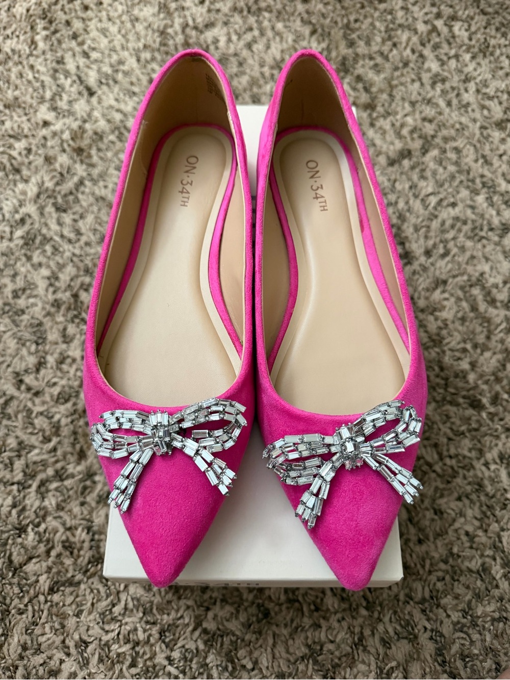 ON 34TH Hot Pink Pointed Toe Flats with Crystal Bow Accent